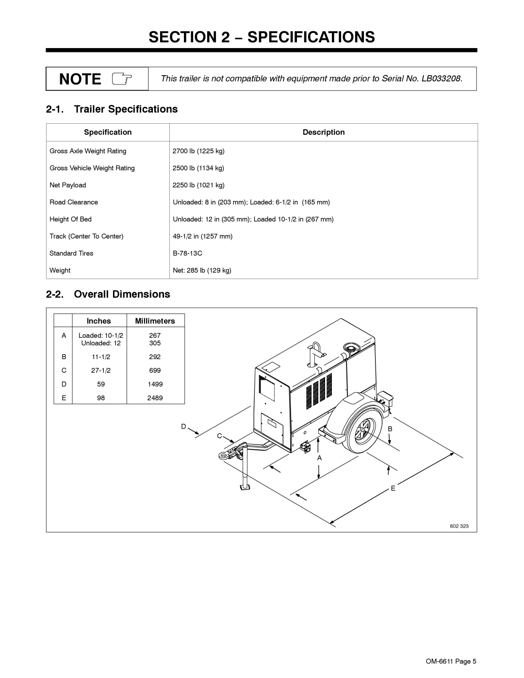 Miller Electric RCT-224 Trailer manual Trailer Specifications, Overall Dimensions 