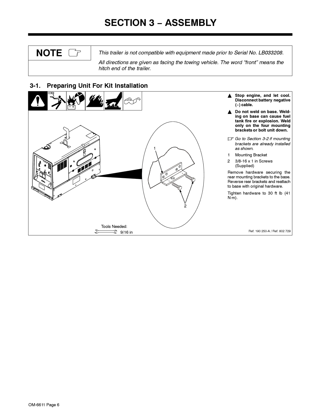 Miller Electric RCT-224 Trailer manual Assembly, Preparing Unit For Kit Installation, Go to -2if mounting, As shown 