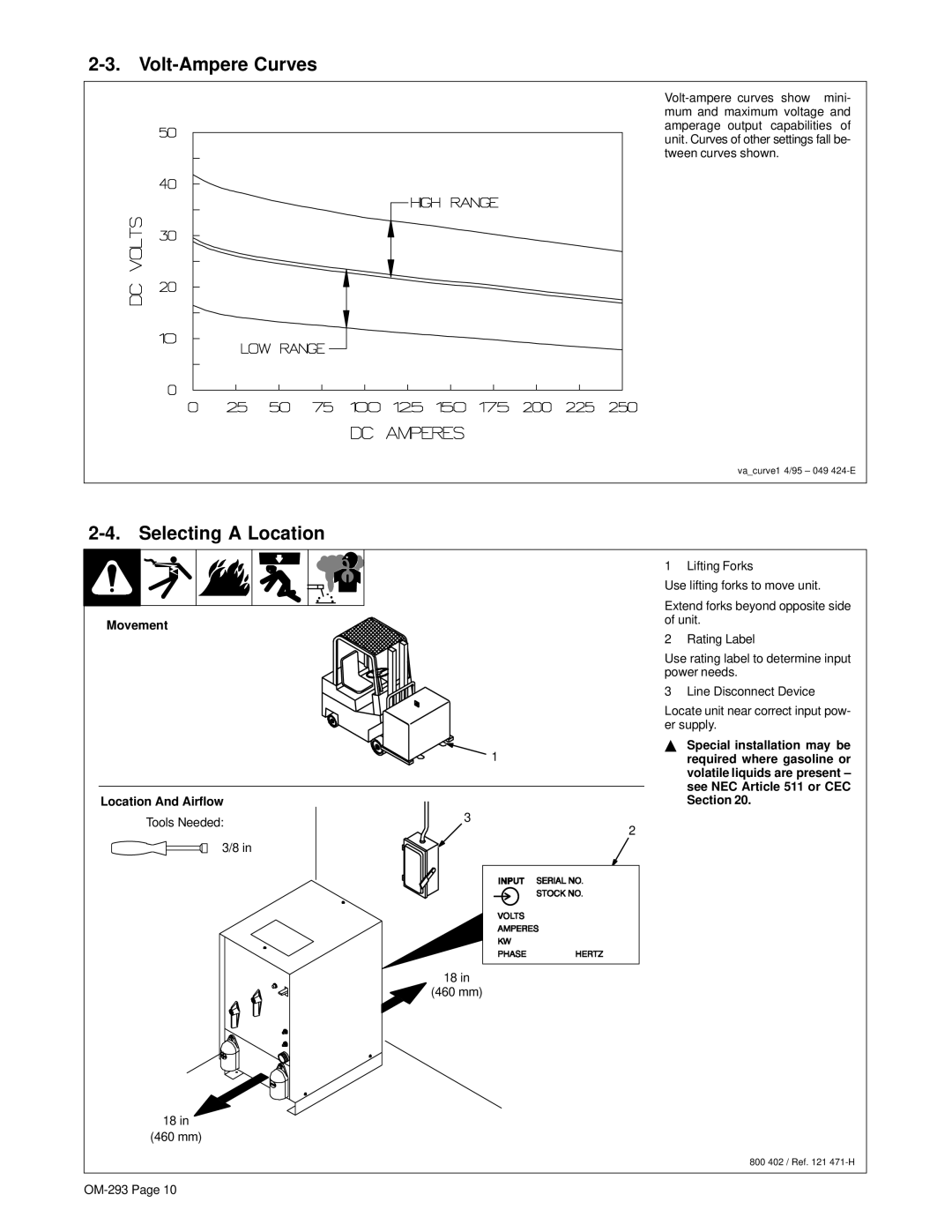 Miller Electric Regency 250 manual Volt-Ampere Curves, Selecting a Location, Movement Location And Airflow 