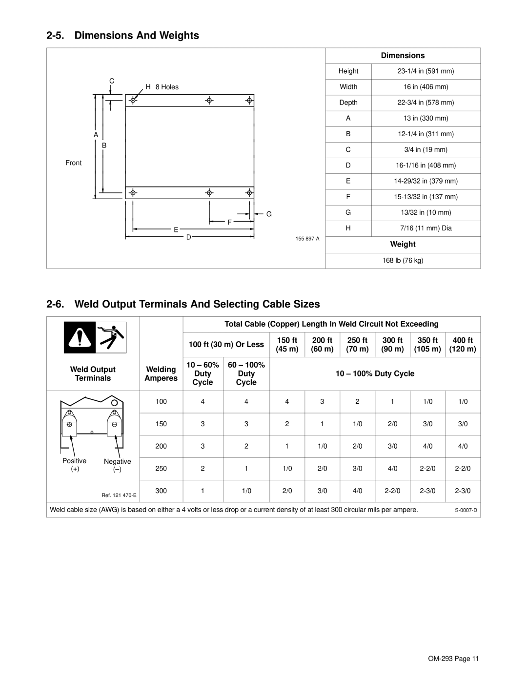 Miller Electric Regency 250 manual Dimensions And Weights, Weld Output Terminals And Selecting Cable Sizes 