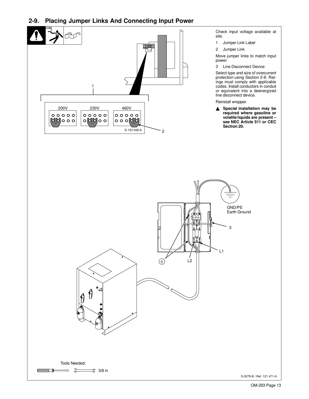 Miller Electric Regency 250 manual Placing Jumper Links And Connecting Input Power 