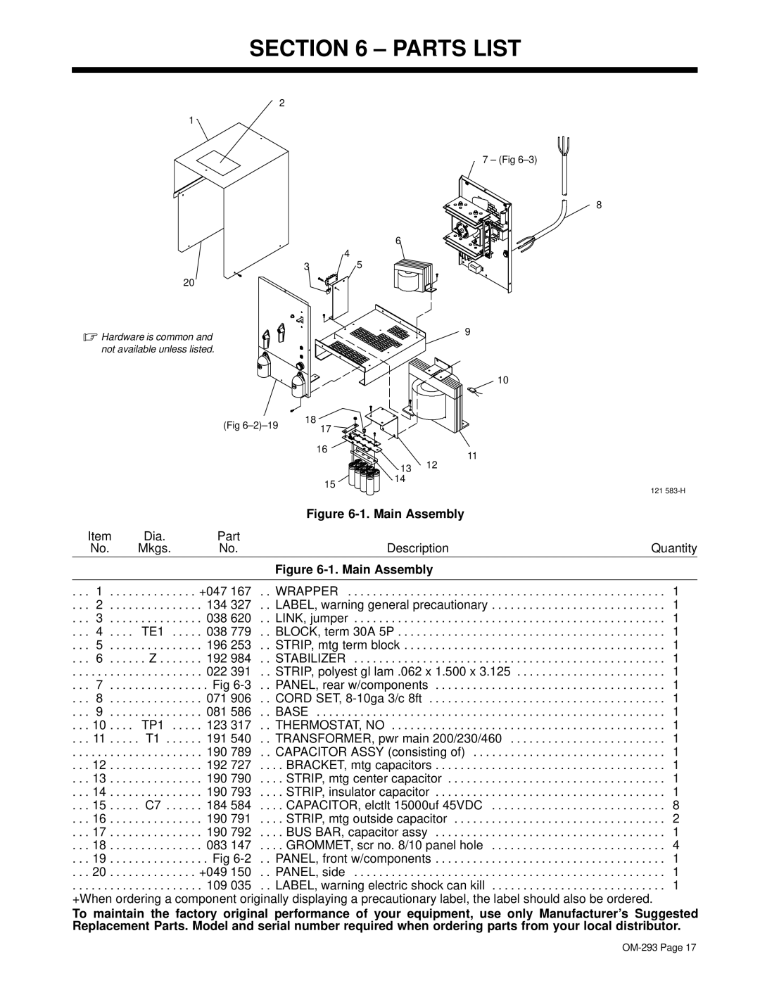 Miller Electric Regency 250 manual Parts List, Main Assembly 