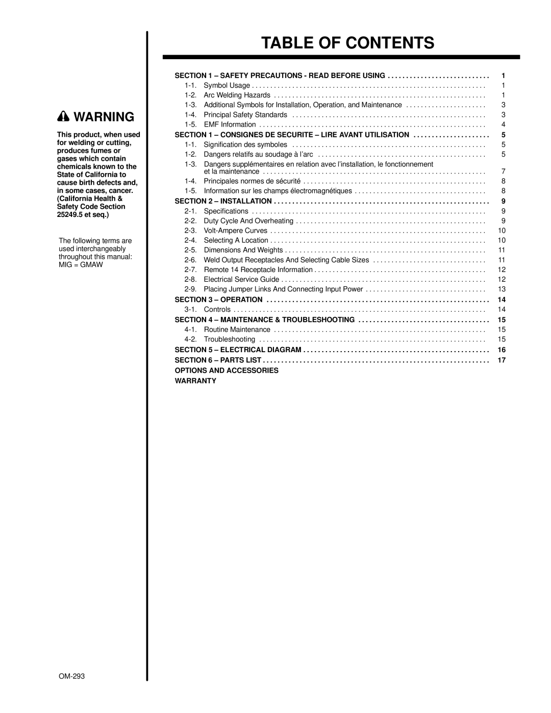 Miller Electric Regency 250 manual Table of Contents 