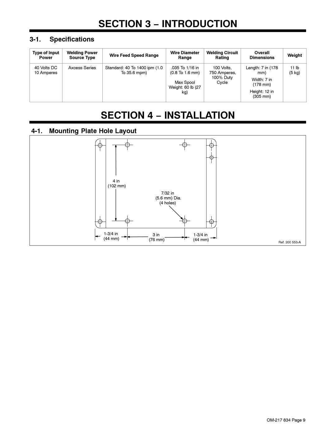 Miller Electric Remote Operator Interface manual Introduction, Installation, Specifications, Mounting Plate Hole Layout 