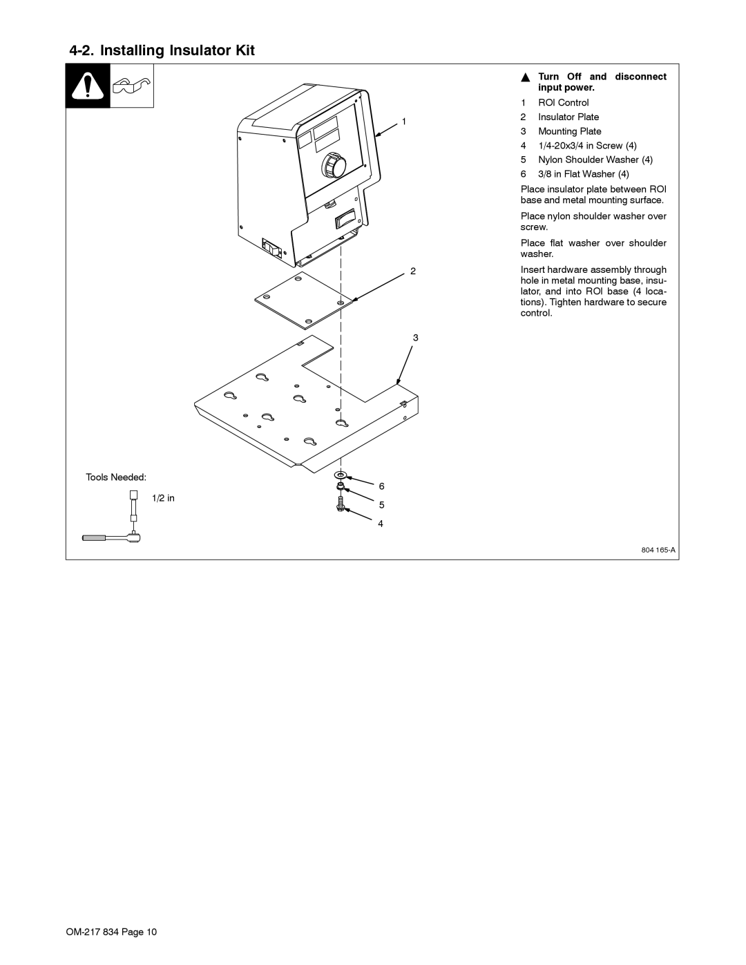 Miller Electric Remote Operator Interface manual Installing Insulator Kit, Turn Off and disconnect input power 