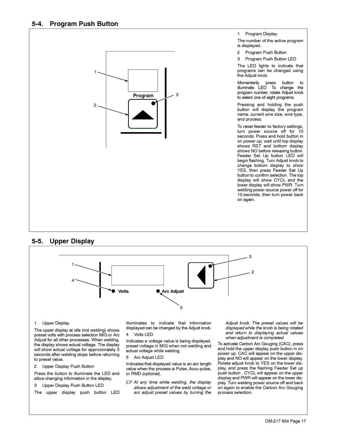 Miller Electric Remote Operator Interface manual Program Push Button, Upper Display, Volts Arc Adjust 