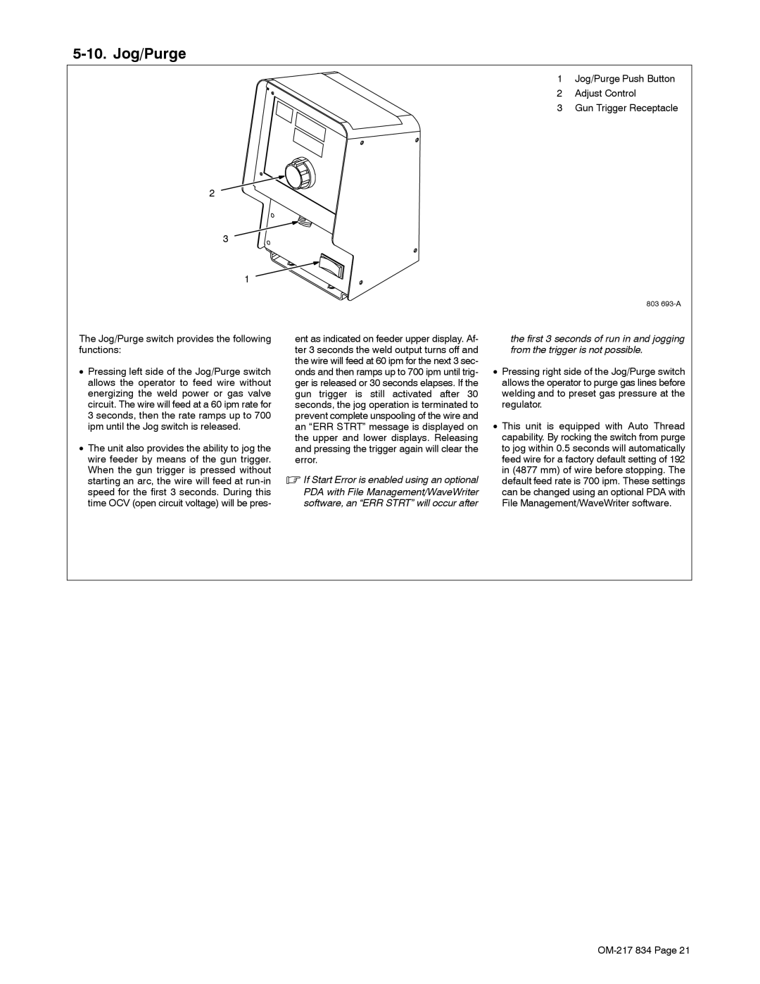 Miller Electric Remote Operator Interface manual Jog/Purge switch provides the following functions 