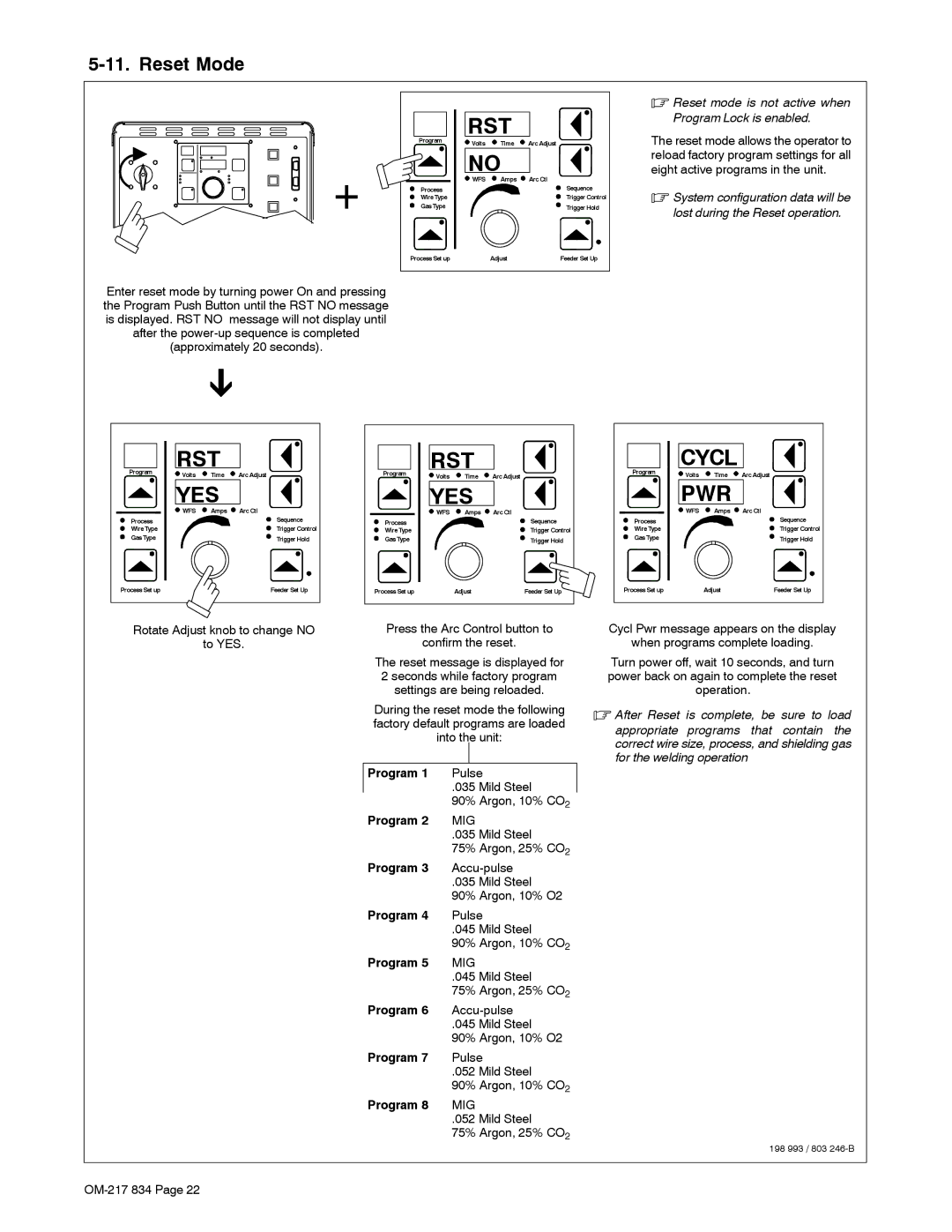 Miller Electric Remote Operator Interface manual Rst, Reset Mode 