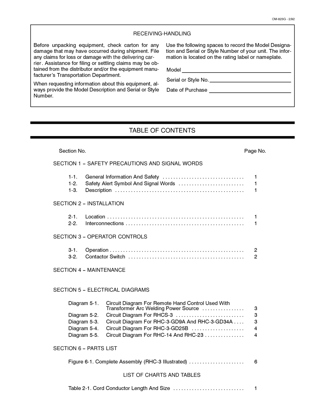 Miller Electric RHC-3GD25B, RHC-14, RHCS-3, RHC-3GD9A, RHC-3-GD34A, RHC-23, RHC-3-2 owner manual Table of Contents 