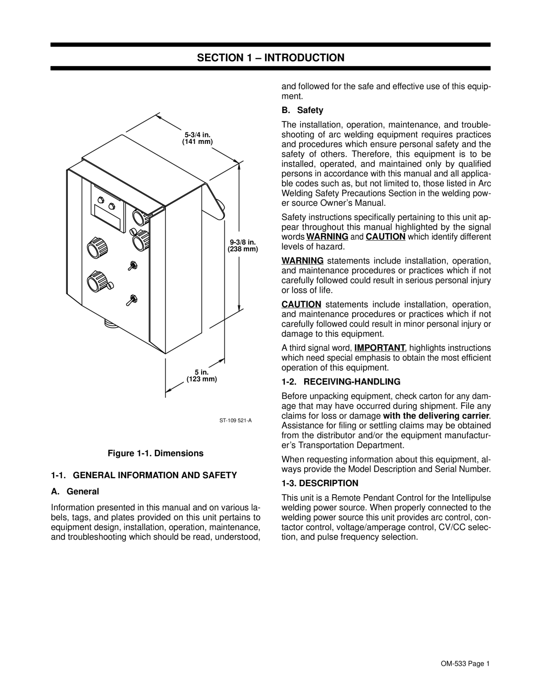 Miller Electric RPC-IP manual ± Introduction, Safety, Receiving-Handling, Description 