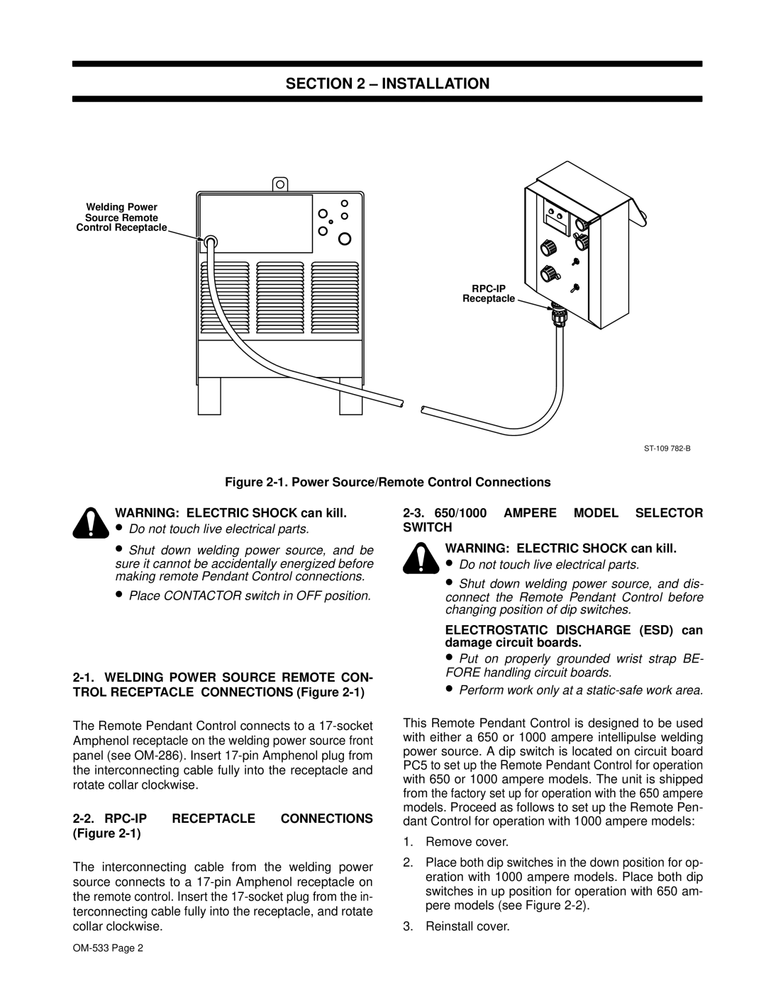 Miller Electric manual ± Installation, RPC-IP Receptacle Connections Figure, Ampere Model Selector Switch 