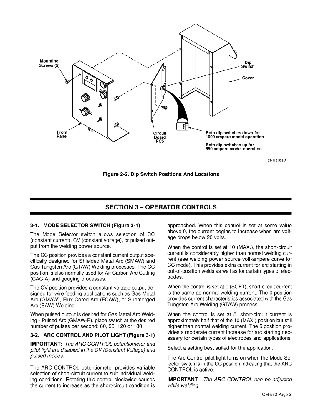 Miller Electric RPC-IP manual ± Operator Controls, Mode Selector Switch Figure, ARC Control and Pilot Light Figure 