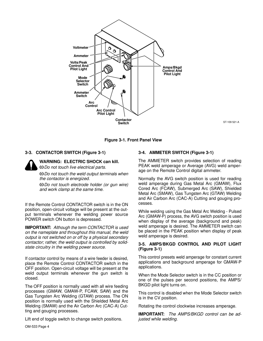 Miller Electric RPC-IP manual Ammeter Switch Figure, AMPS/BKGD Control and Pilot Light Figure 