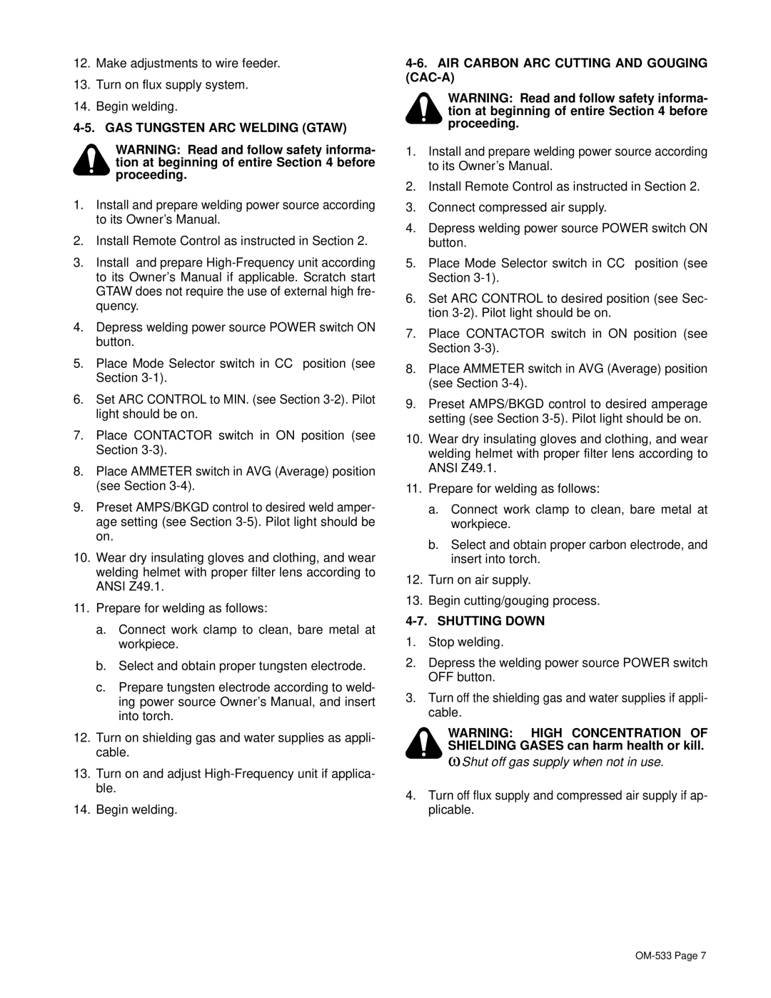 Miller Electric RPC-IP manual GAS Tungsten ARC Welding Gtaw, AIR Carbon ARC Cutting and Gouging CAC-A, Shutting Down 