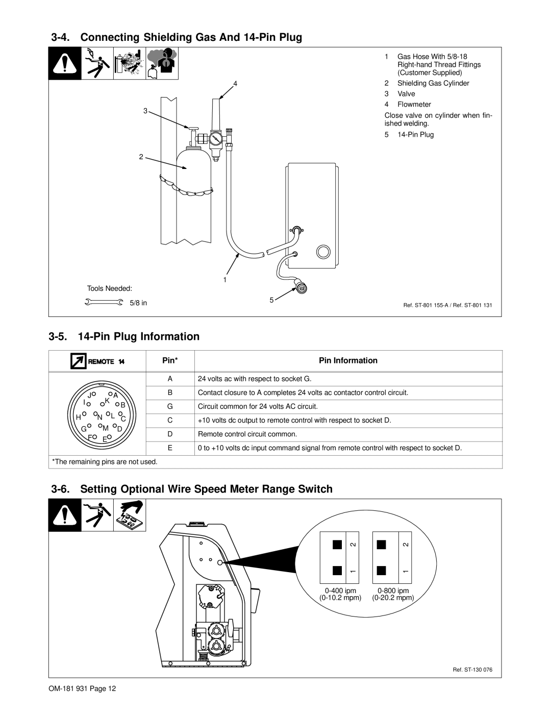 Miller Electric S-22P12 manual Connecting Shielding Gas And 14-Pin Plug, Pin Plug Information, Pin Pin Information 