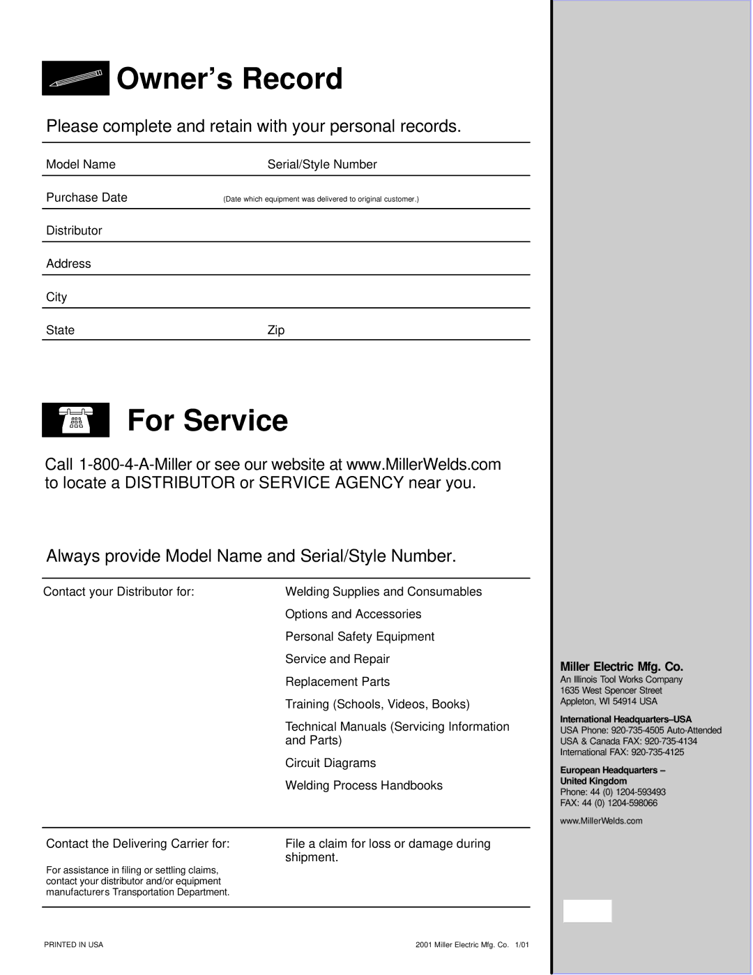 Miller Electric S-22P12 manual Owner’s Record, Miller Electric Mfg. Co 