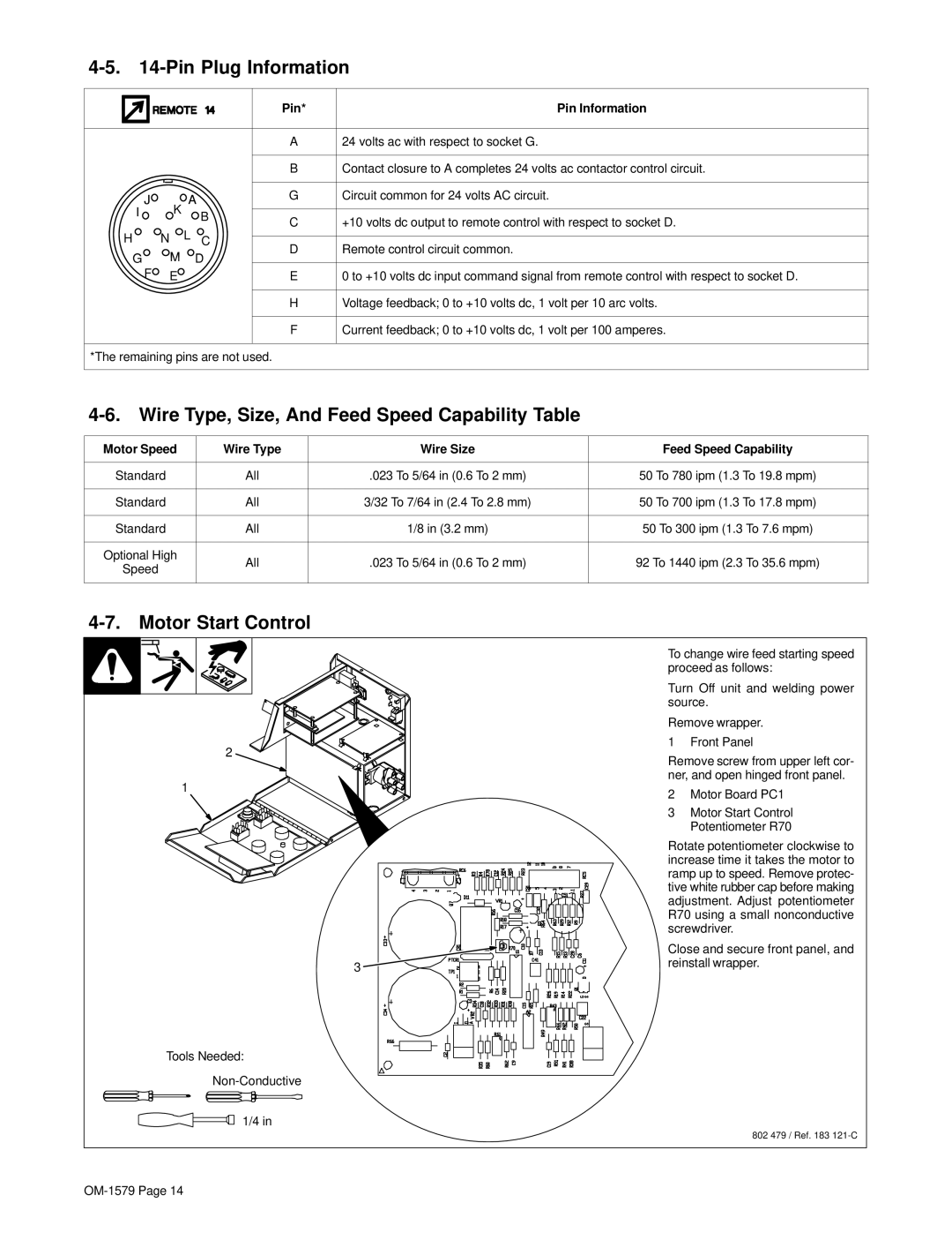 Miller Electric S-64, S-62 Pin Plug Information, Wire Type, Size, And Feed Speed Capability Table, Motor Start Control 