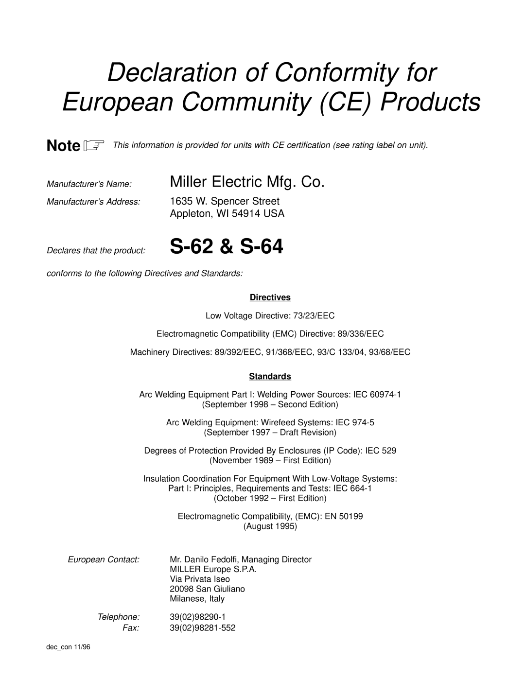 Miller Electric S-64, S-62 manual Directives, Standards 