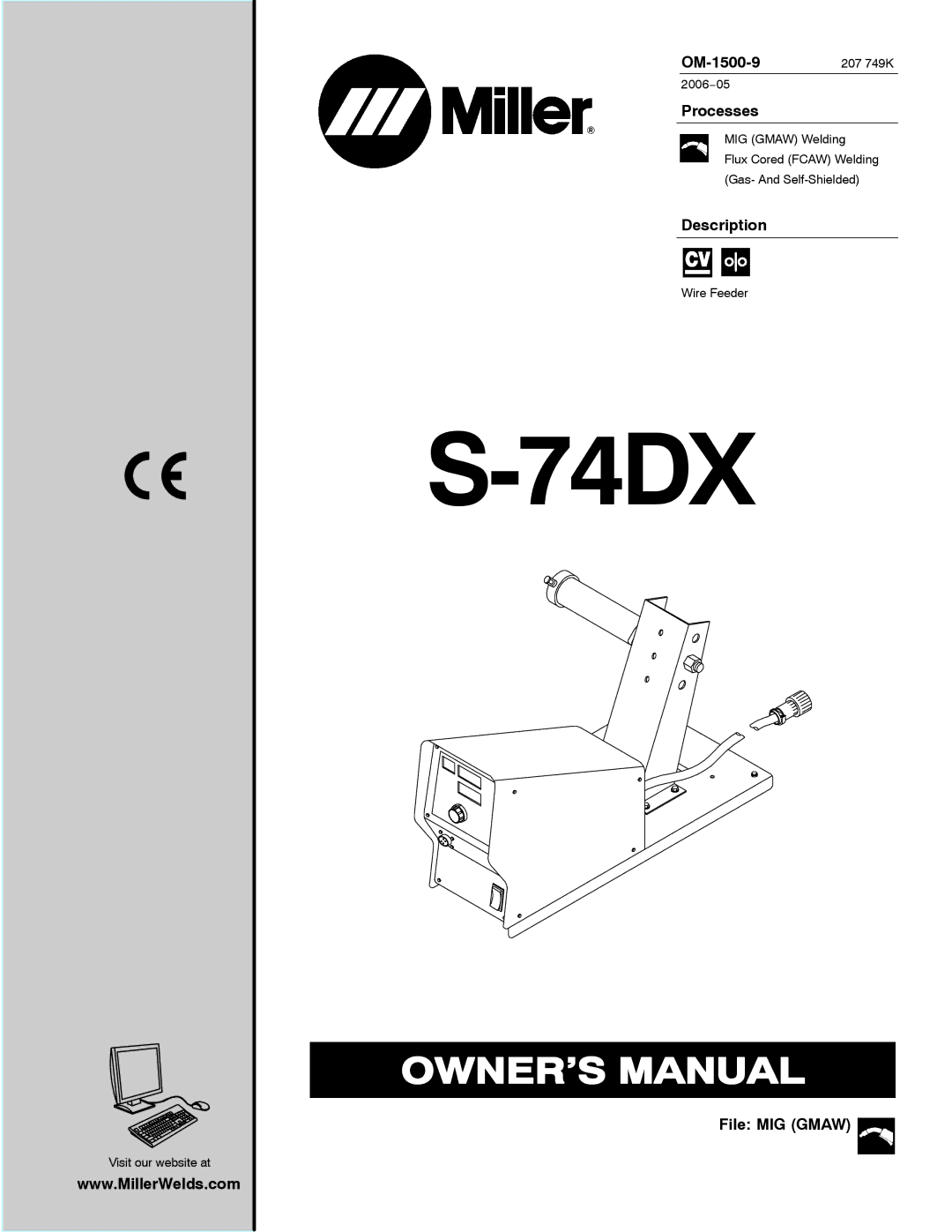 Miller Electric S-74DX manual OM-1500-9 207 749K, Processes, Description, File MIG Gmaw 