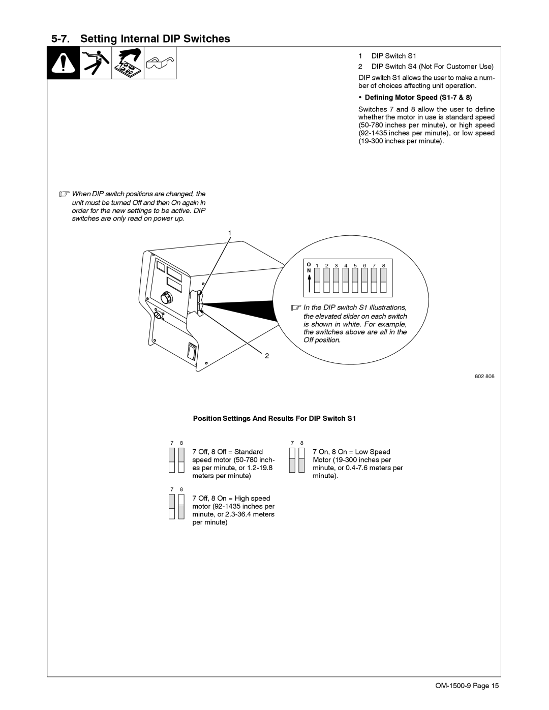 Miller Electric S-74DX manual Setting Internal DIP Switches, Defining Motor Speed S1-7 