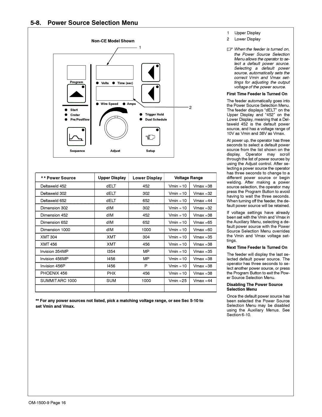 Miller Electric S-74DX manual Power Source Selection Menu 