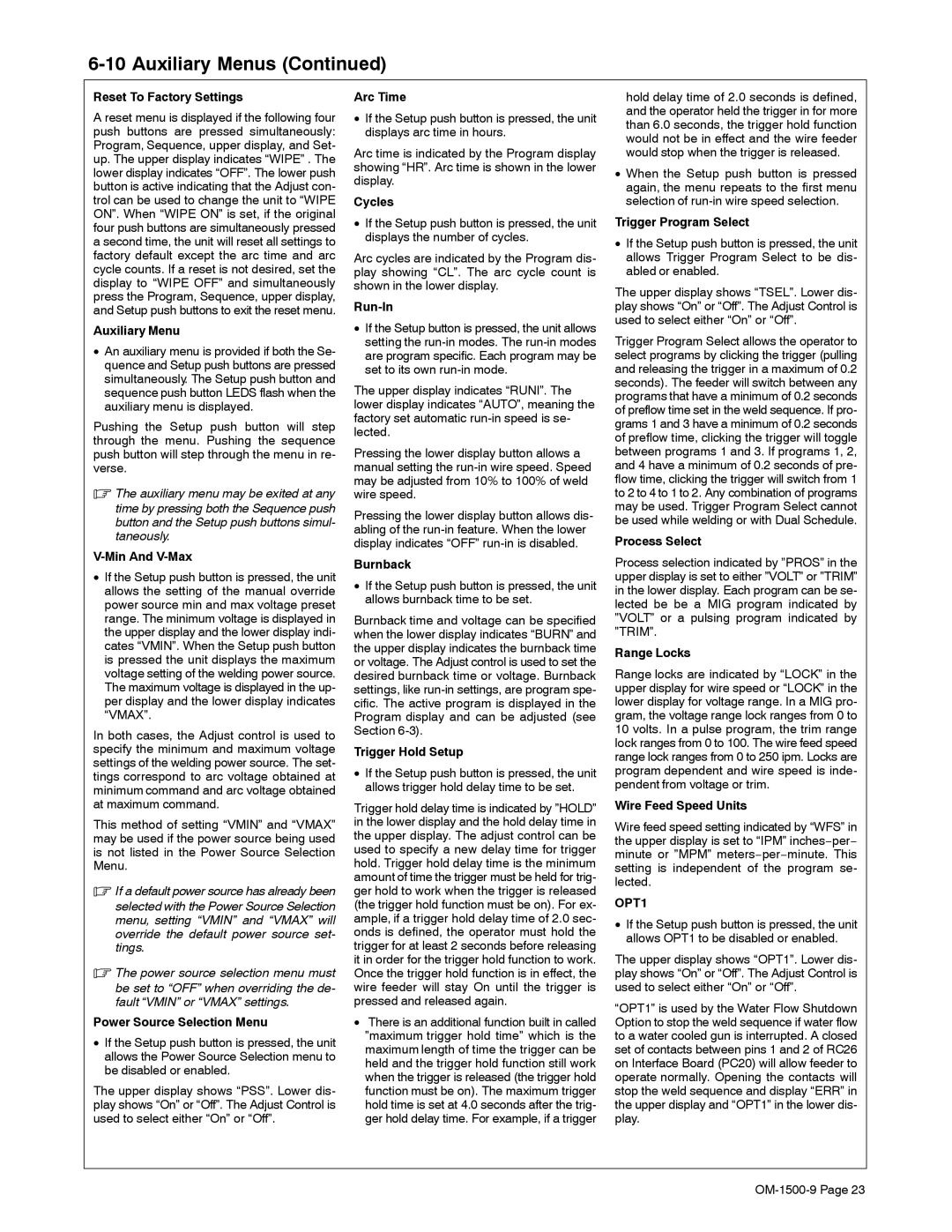 Miller Electric S-74DX Reset To Factory Settings, Auxiliary Menu, Min And V-Max, Power Source Selection Menu, Arc Time 