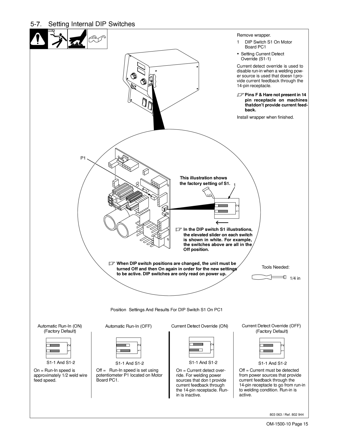 Miller Electric S-74D, S-74S manual Setting Internal DIP Switches, Setting Current Detect Override S1-1 