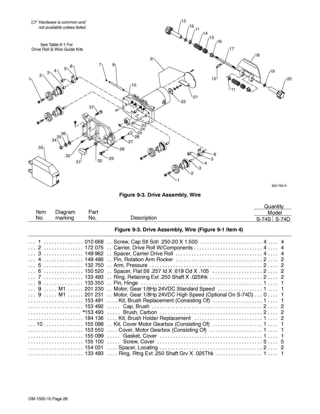 Miller Electric S-74S, S-74D manual Drive Assembly, Wire 