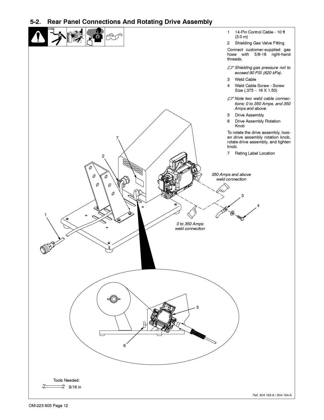 Miller Electric S-75D Rear Panel Connections And Rotating Drive Assembly, Tions 0 to 350 Amps, and 350 Amps and above 