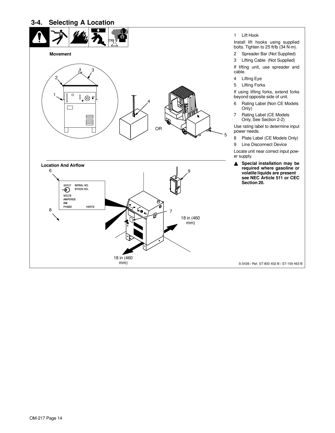 Miller Electric Spectrum 1250R Selecting a Location, Movement, Location And Airflow Special installation may be, Section 