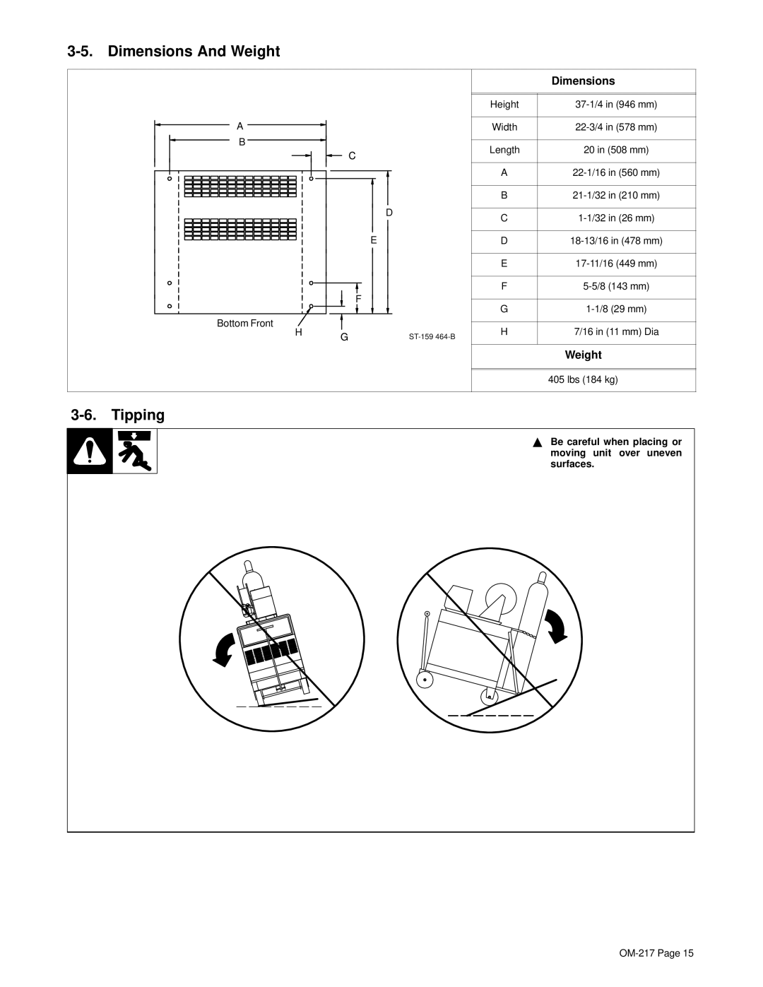 Miller Electric Spectrum 1000 Dimensions And Weight, Tipping, Be careful when placing or moving unit over uneven surfaces 