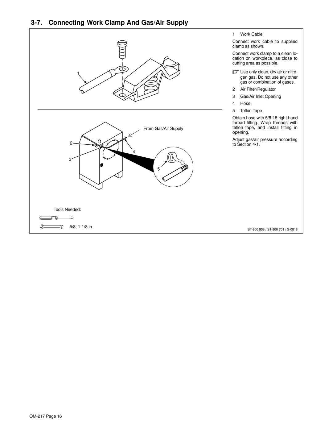 Miller Electric Spectrum 1250R, Spectrum 1000 manual Connecting Work Clamp And Gas/Air Supply 