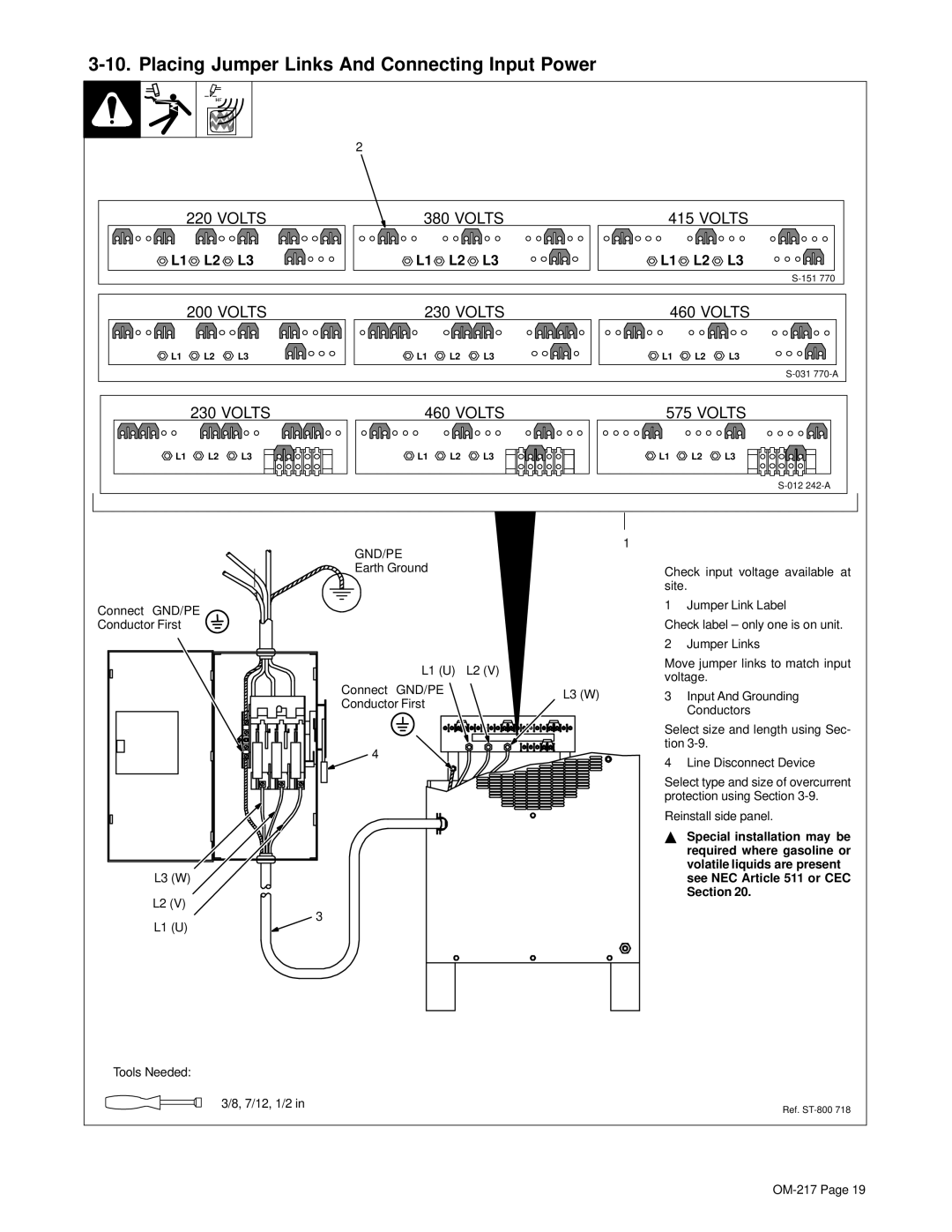 Miller Electric Spectrum 1000, Spectrum 1250R manual Placing Jumper Links And Connecting Input Power, 7/12, 1/2 