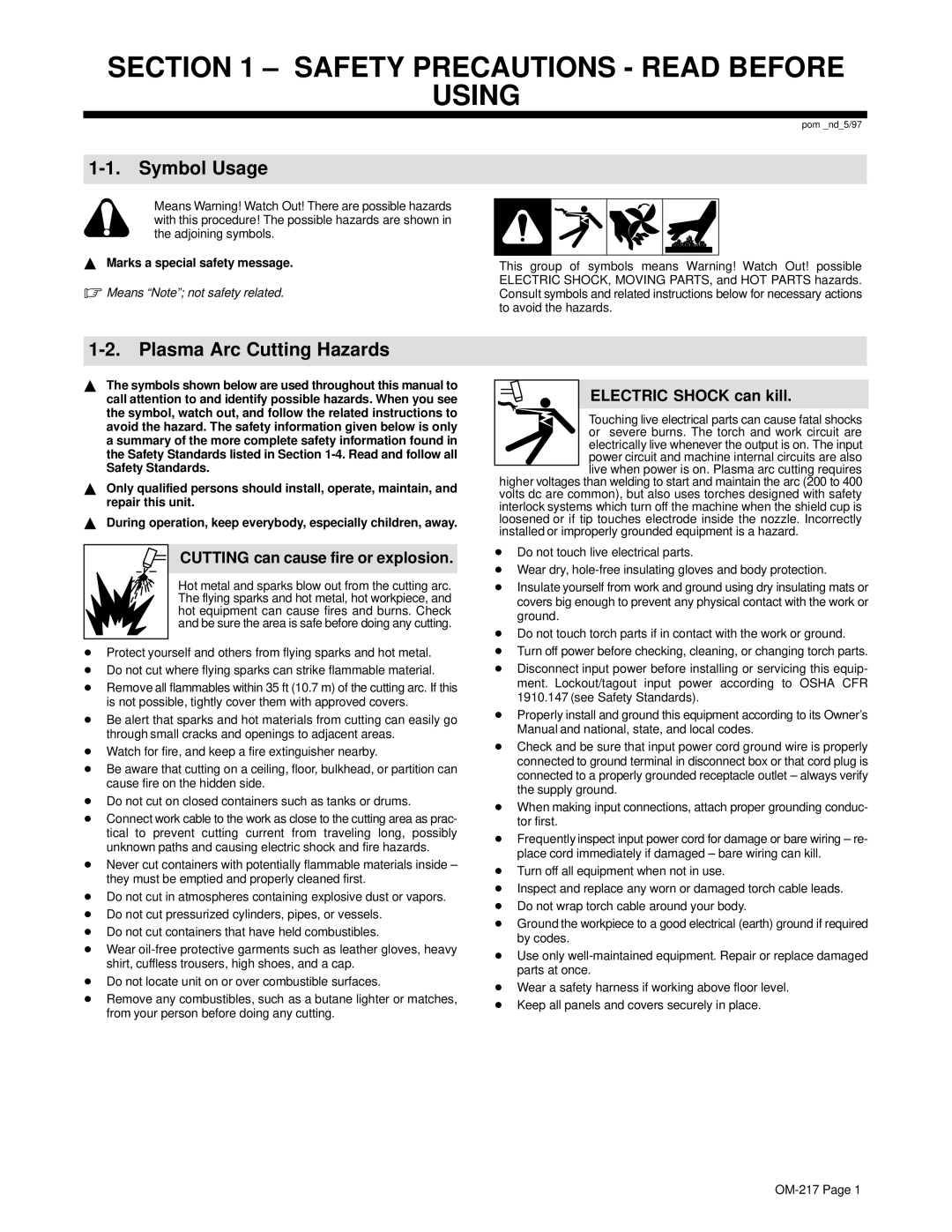 Miller Electric Spectrum 1000 manual Safety Precautions Read Before Using, Symbol Usage, Plasma Arc Cutting Hazards 