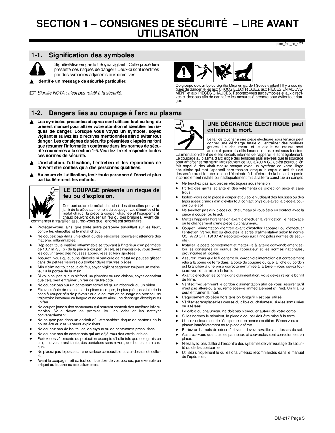 Miller Electric Spectrum 1000, Spectrum 1250R Consignes DE SÉ Curité Lire Avant Utilisation, Signification des symboles 