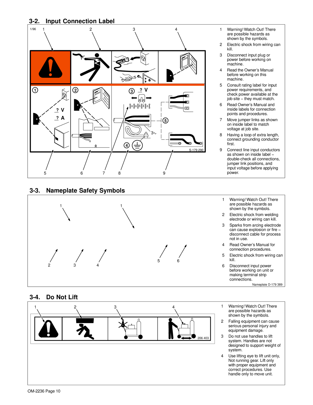 Miller Electric SRH-503 manual Input Connection Label, Nameplate Safety Symbols, Do Not Lift, ? a 