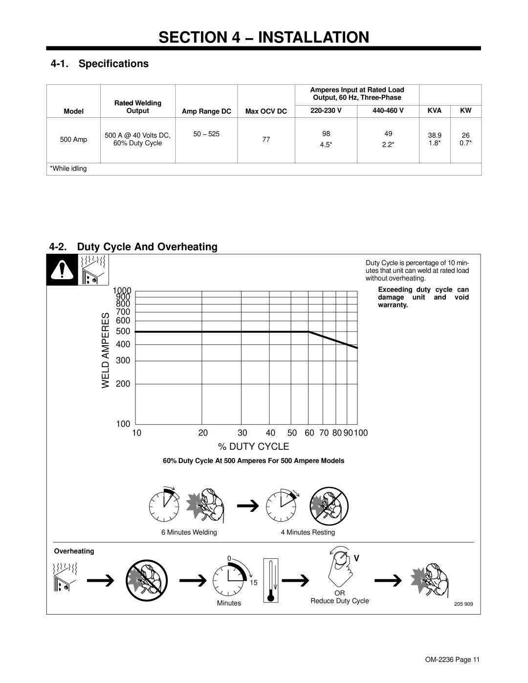 Miller Electric SRH-503 manual Installation, Specifications, Duty Cycle And Overheating 