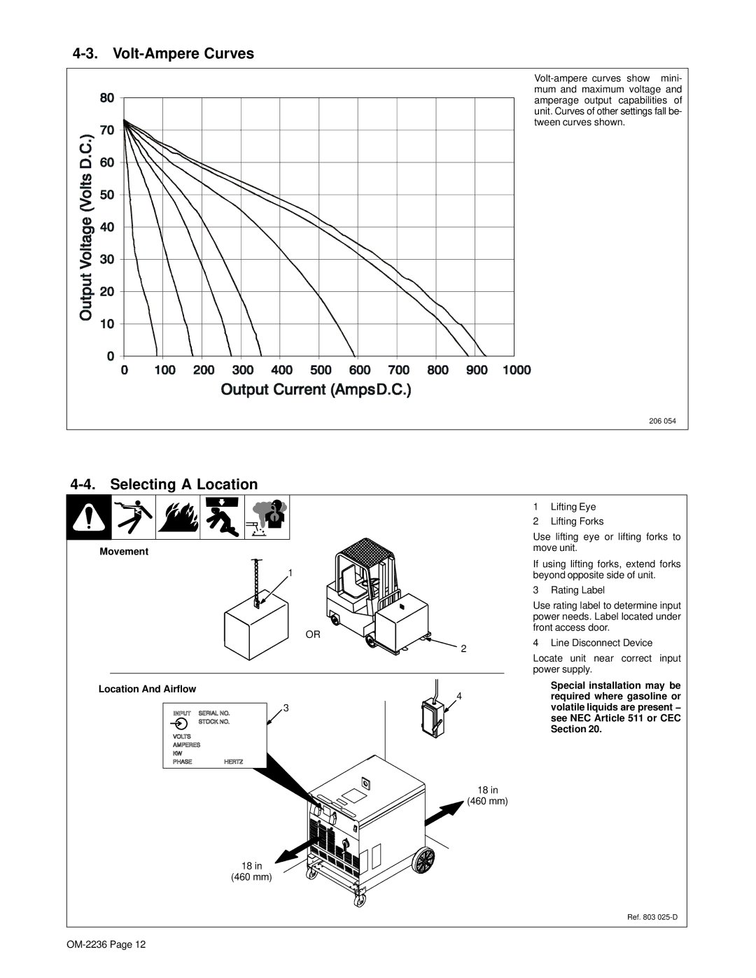 Miller Electric SRH-503 manual Volt-Ampere Curves, Selecting a Location, Movement Location And Airflow 