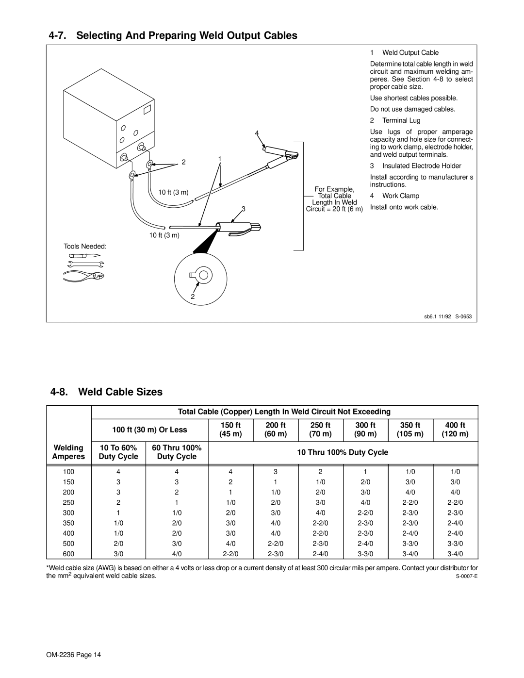 Miller Electric SRH-503 Selecting And Preparing Weld Output Cables, Weld Cable Sizes, 150 ft 200 ft 250 ft 300 ft 350 ft 