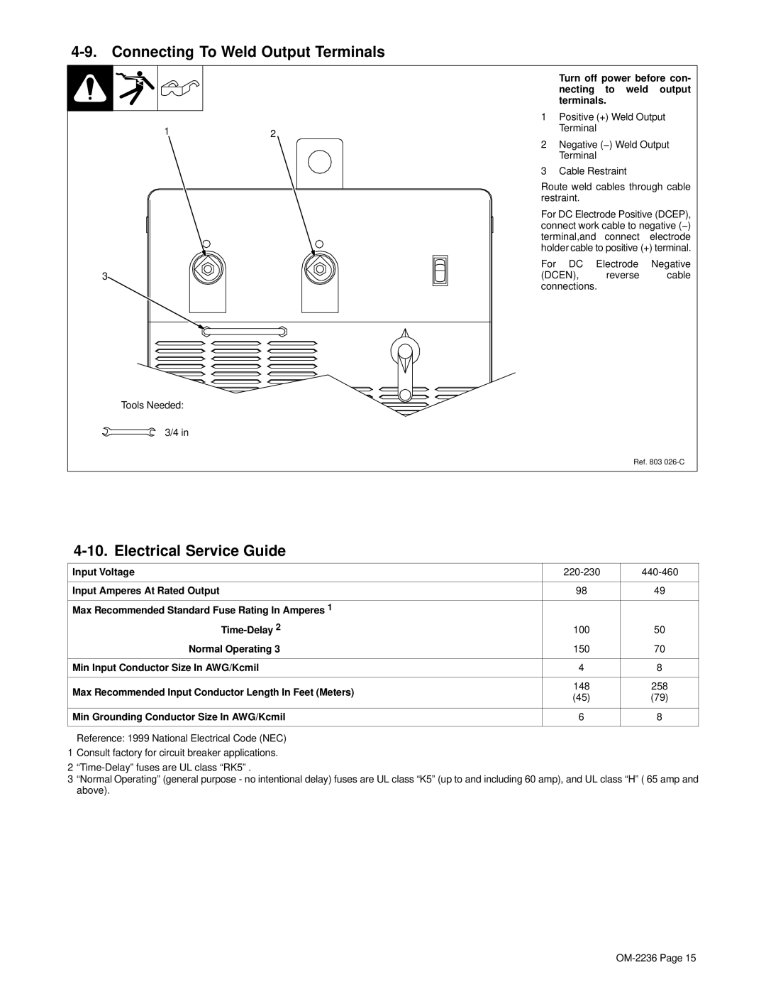 Miller Electric SRH-503 manual Connecting To Weld Output Terminals, Electrical Service Guide 