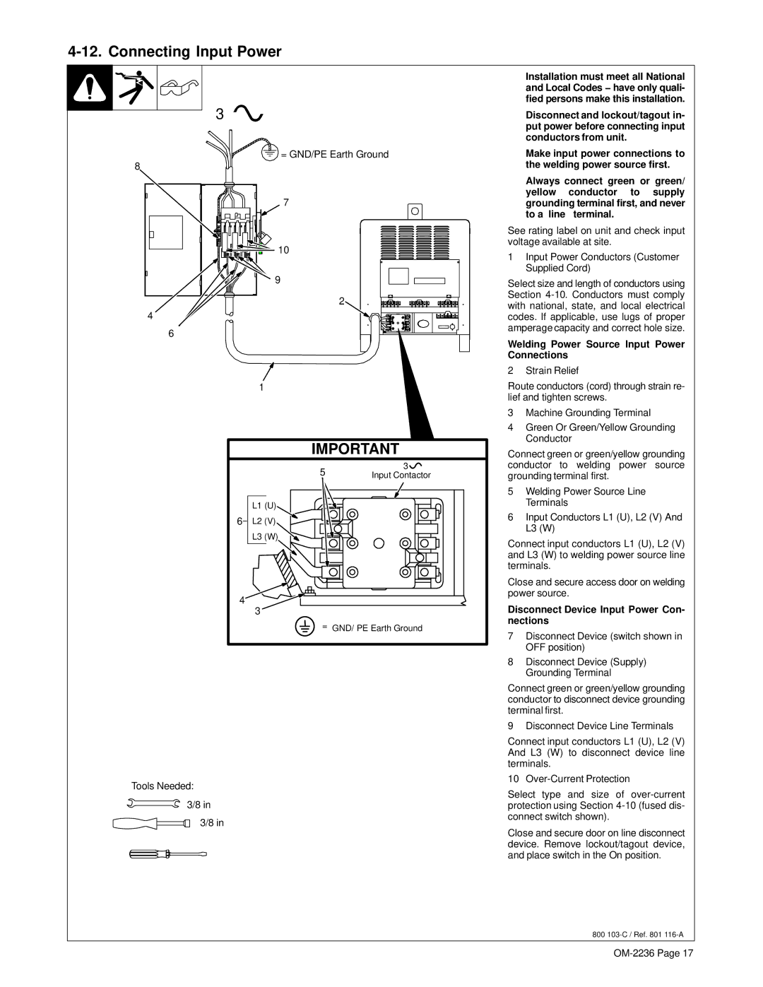 Miller Electric SRH-503 manual Connecting Input Power, Welding Power Source Input Power Connections 