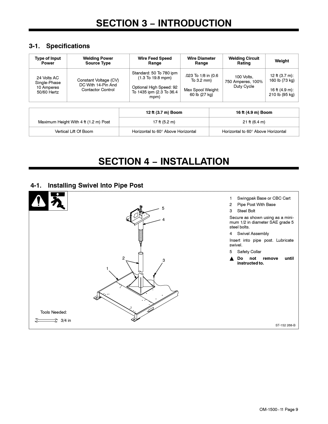 Miller Electric SS-74S12 manual Specifications, Installing Swivel Into Pipe Post, Rating, 12 ft 3.7 m Boom 16 ft 4.9 m Boom 