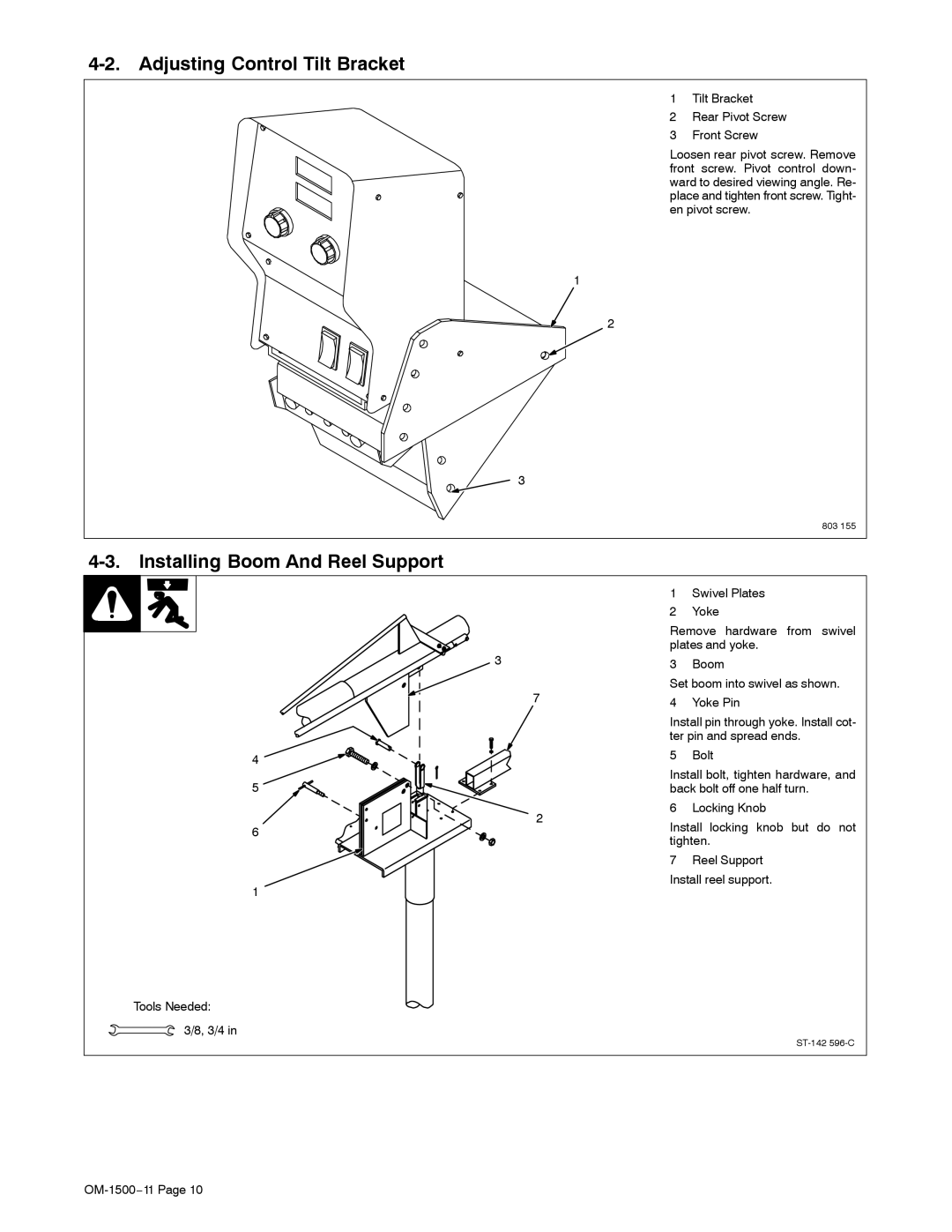 Miller Electric SS-74S16, SS-74D12, SS-74S12, and SS-74D16 Adjusting Control Tilt Bracket, Installing Boom And Reel Support 