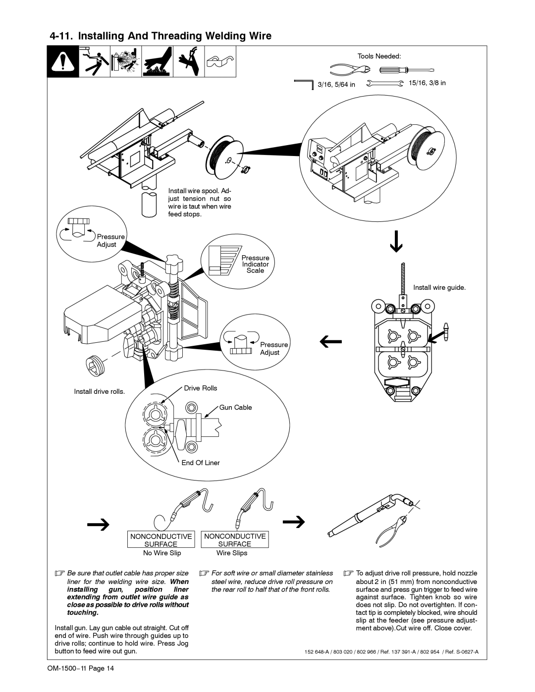 Miller Electric SS-74S16, SS-74D12 manual Installing And Threading Welding Wire, Rear roll to half that of the front rolls 