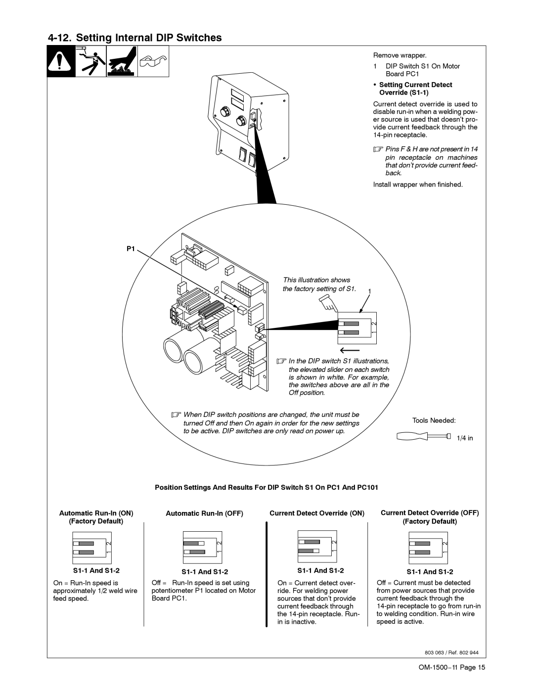 Miller Electric and SS-74D16, SS-74D12, SS-74S12 manual Setting Internal DIP Switches, Setting Current Detect Override S1-1 