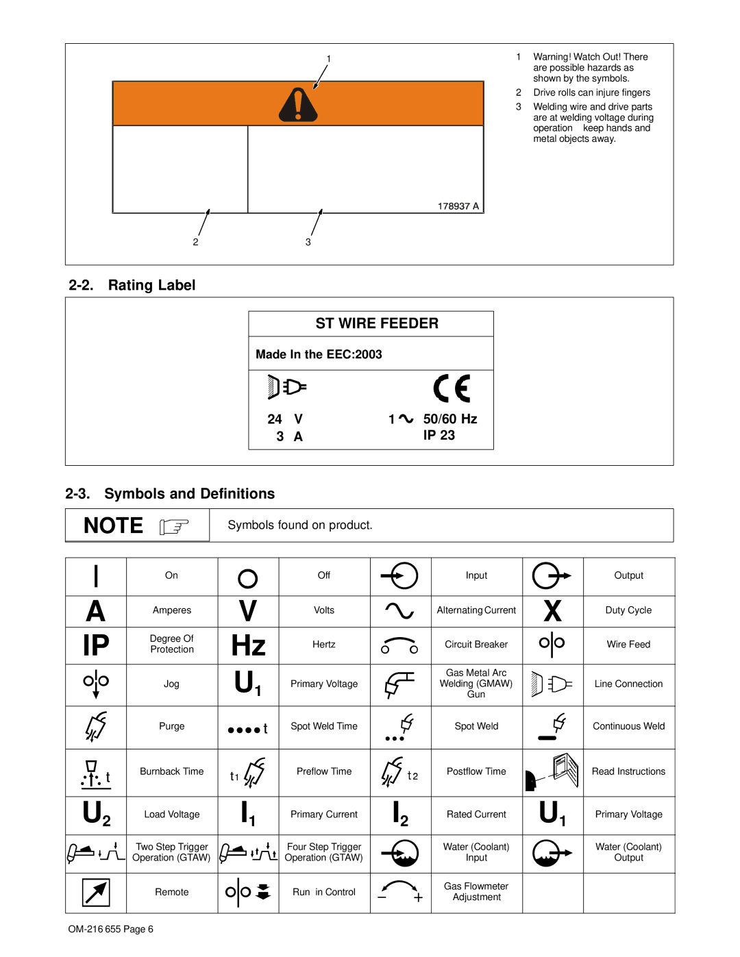 Miller Electric ST 44 Series owner manual Rating Label, Symbols and Definitions, Made In the EEC2003 