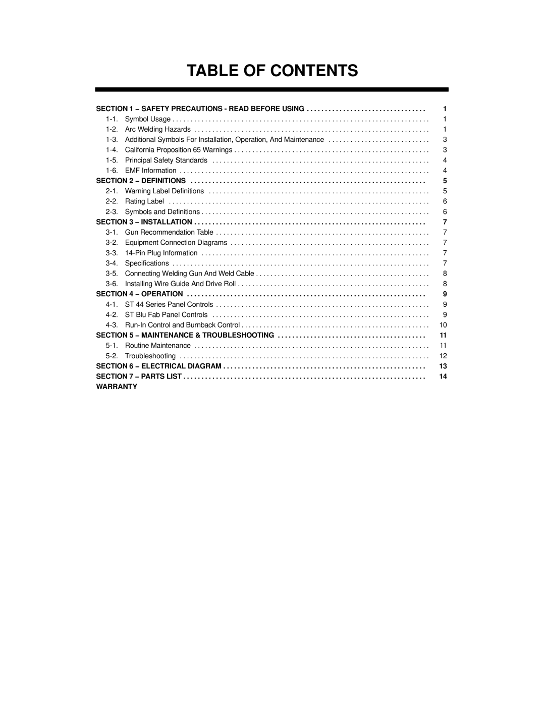 Miller Electric ST 44 Series owner manual Table of Contents 