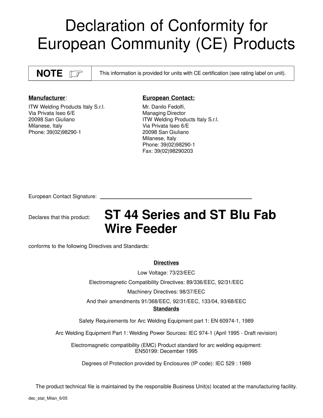 Miller Electric ST 44 Series owner manual Directives, Standards, DecstatMilan6/05 