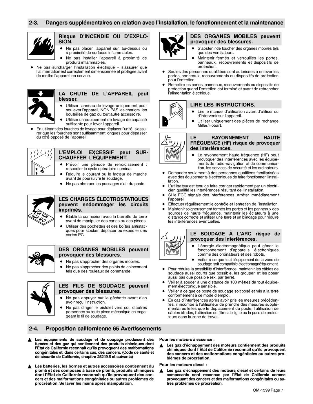 Miller Electric SuitCase 8VS Risque D’INCENDIE OU D’EXPLO, LA Chute DE L’APPAREIL peut blesser, ’EMPLOI Excessif peut SUR 