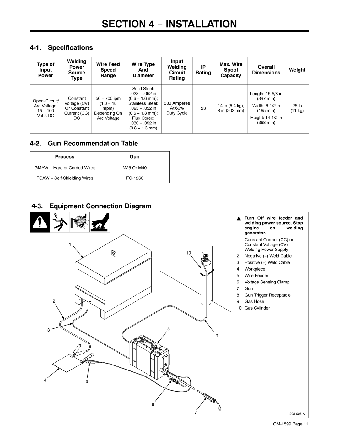 Miller Electric SuitCase 8VS manual Installation, Specifications, Gun Recommendation Table, Equipment Connection Diagram 